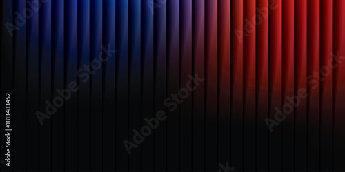 Neon ribbed fractal glass 3d background. Holographic vertical stripe pattern with vibrant purple blue yellow gradient. Abstract black bg, iridescent texture lines in radiant colors. 3D illustration