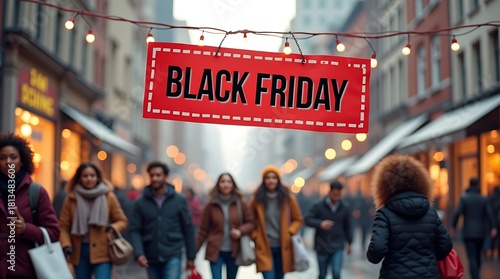 Black Friday Shopping Street with Crowd, Bags, Lights, and Promotional Sign
