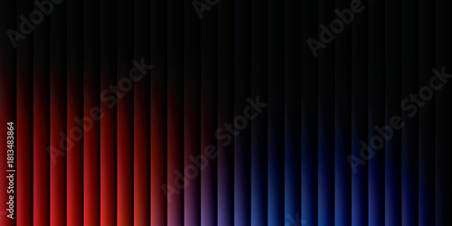 Neon ribbed fractal glass 3d background. Holographic vertical stripe pattern with vibrant purple blue yellow gradient. Abstract black bg, iridescent texture lines in radiant colors. 3D illustration