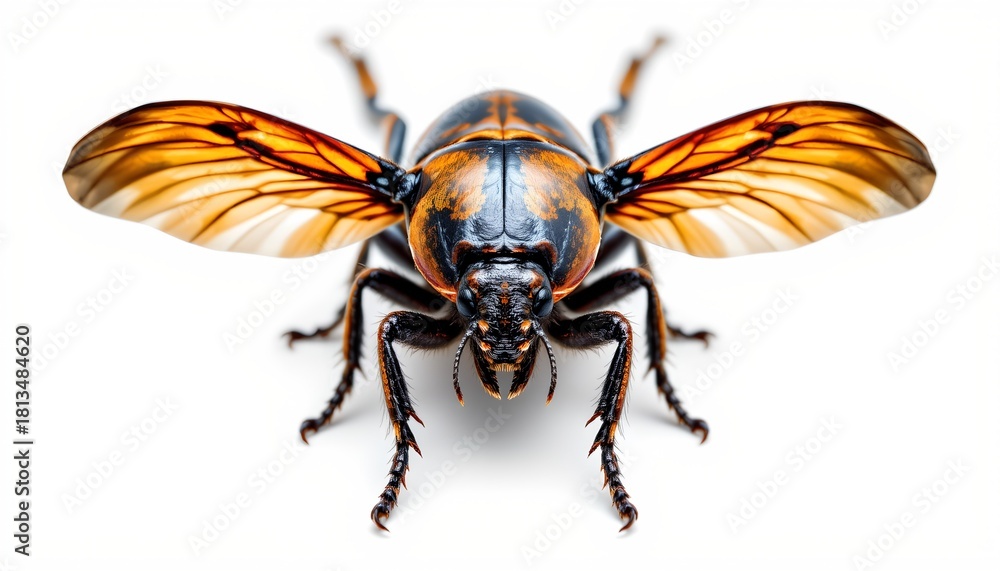 Obraz premium A large beetle with distinctive markings, showcasing its intricate body design and formidable size against a white background.