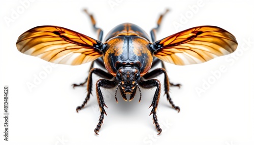 A large beetle with distinctive markings, showcasing its intricate body design and formidable size against a white background.