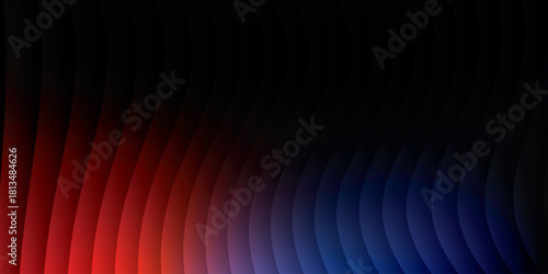 Neon ribbed fractal glass 3d background. Holographic vertical stripe pattern with vibrant purple blue yellow gradient. Abstract black bg, iridescent texture lines in radiant colors. 3D illustration