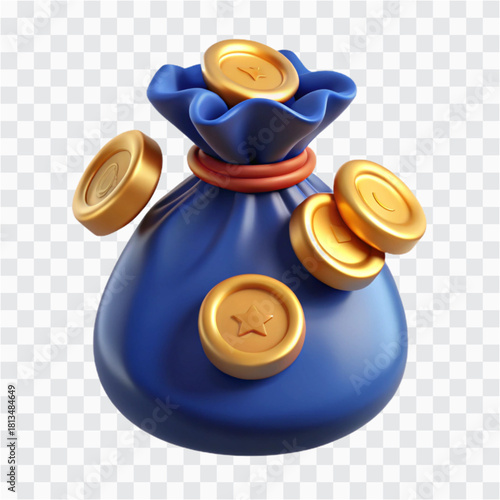 3D Bag of Gold Coins Icon | Wealth, Treasure, Rewards & Fantasy Currency Symbol