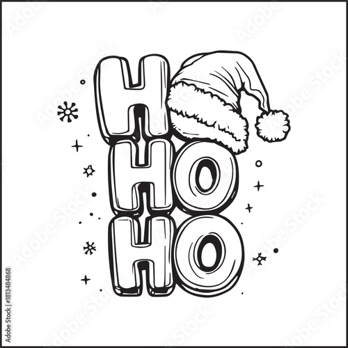 Black-and-white HO HO HO Christmas typography with Santa hat, stars, and snowflakes in festive design