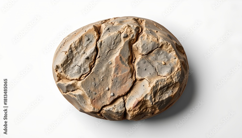 Obraz premium A single, irregularly shaped stone with a rough, natural texture, lying against a white background that is partially obscured by a gray gradient at the top