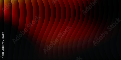 Neon ribbed fractal glass 3d background. Holographic vertical stripe pattern with vibrant purple blue yellow gradient. Abstract black bg, iridescent texture lines in radiant colors. 3D illustration