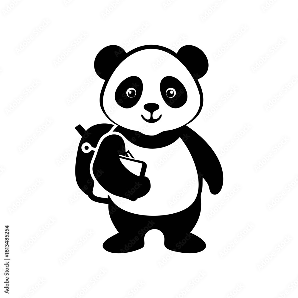 Naklejka premium A cartoon panda illustration standing upright, wearing a backpack and holding a book or notepad.