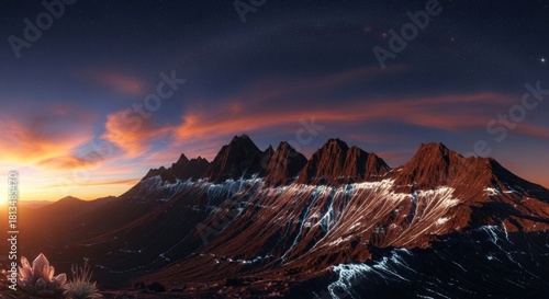 Majestic Mountain Range at Sunset with Dramatic Clouds and Golden Light.