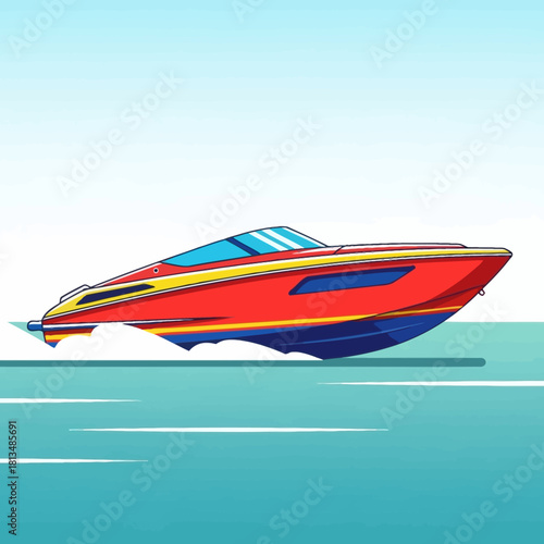 Illustration of a red and blue speedboat on the water.