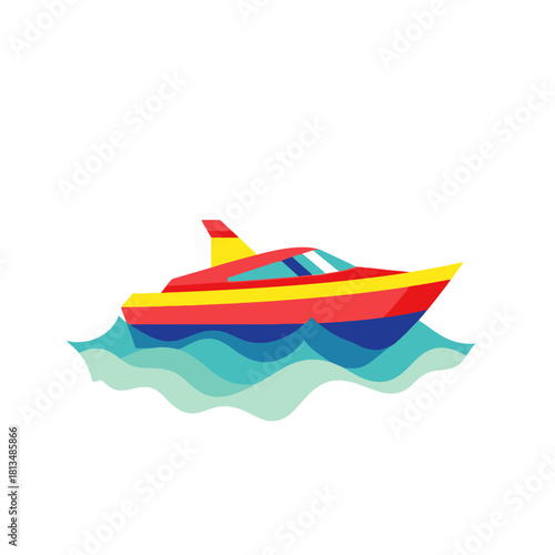 Colorful motorboat on blue waves, a vibrant illustration of a leisure craft.
