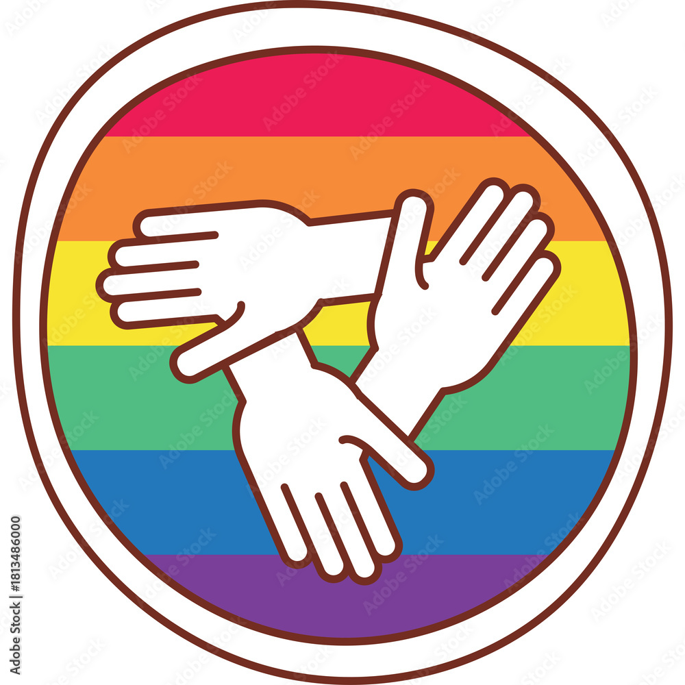 Fototapeta premium Three white human hands clasped together in a circle with a rainbow flag background and a brown outline symbolizing unity diversity and inclusion