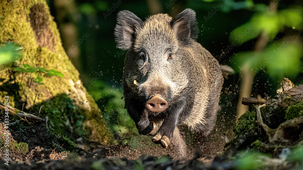 Fototapeta premium ferocity. A wild boar charging through dense forest undergrowth, its tusks scraping against tree bark in dappled sunlight. wildlife magazines. 
