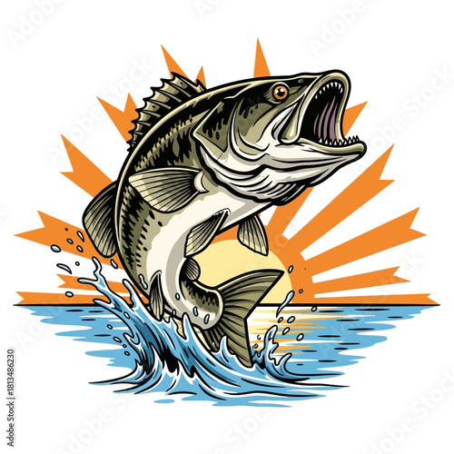 Bass fish jumping out of water with sunburst background illustration.
