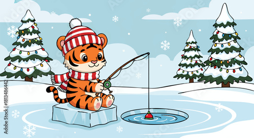 A cute cartoon tiger, wearing a striped hat and scarf, sits on an ice floe, ice fishing in a snowy winter landscape with decorated Christmas trees.