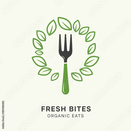 Fresh Bites Organic Eats Logo with Fork and Green Leaves.