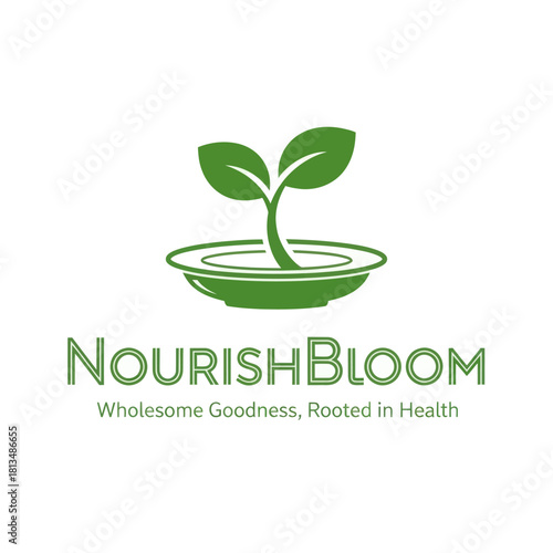 NourishBloom logo with green sprout in bowl and wholesome goodness slogan.
