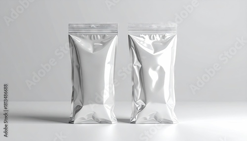 Two metallic pouches stand upright on a white surface, showcasing packaging design in a studio