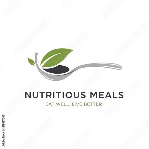 Nutritious Meals Logo Featuring Spoon with Leaf and Dark Filling.