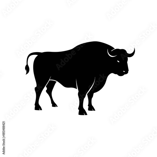 Black silhouette of a powerful bull standing on a white background, showcasing its muscular build and curved horns.