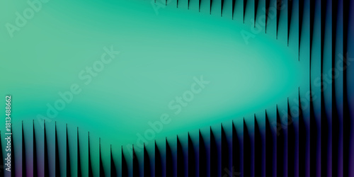 Neon ribbed fractal glass 3d background. Holographic vertical stripe pattern with vibrant purple blue yellow gradient. Abstract black bg, iridescent texture lines in radiant colors. 3D illustration