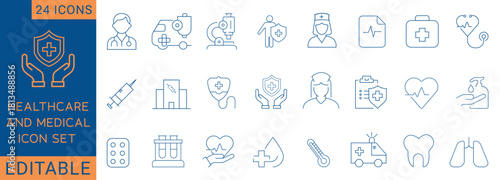 Healthcare and medical icon set in clean outline style. Includes symbols for doctor, nurse, hospital, clinic, ambulance, vaccination, syringe, medical report, stethoscope, first aid kit, pharmacy.
