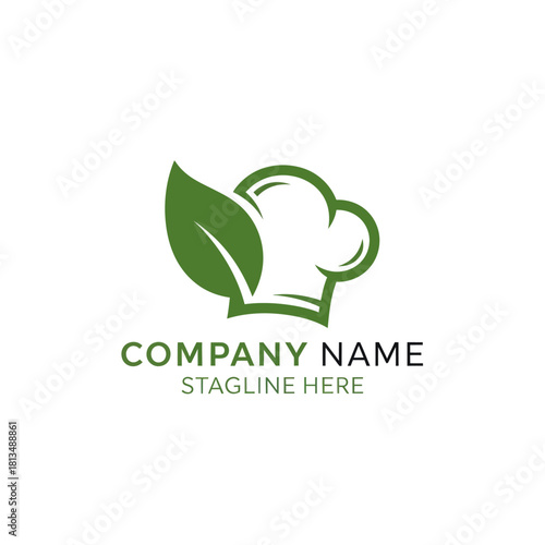 Green leaf and chef hat logo for healthy food restaurant.