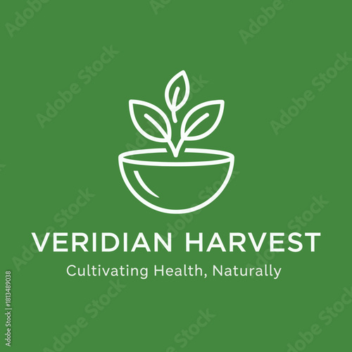 Veridian Harvest logo with minimalist plant and bowl icon.