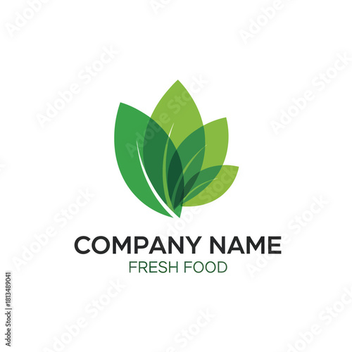 Green leaves logo for fresh food company with elegant design.