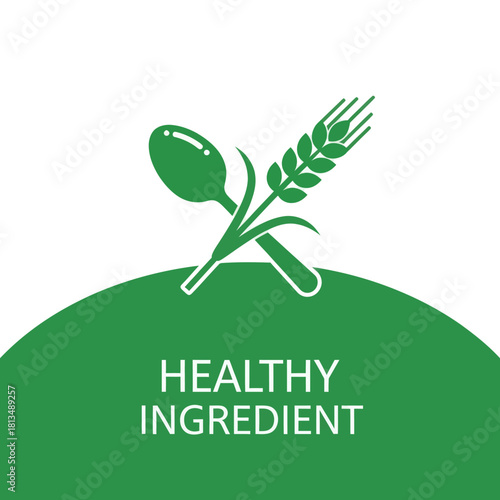Healthy Ingredient Green Icon with Crossed Spoon and Wheat Stalk.