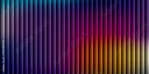Neon ribbed fractal glass 3d background. Holographic vertical stripe pattern with vibrant purple blue yellow gradient. Abstract black bg, iridescent texture lines in radiant colors. 3D illustration