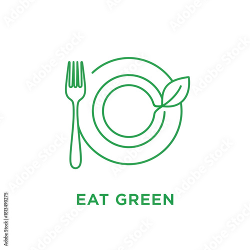Eat Green concept logo with a plate, fork, and leaf icon.