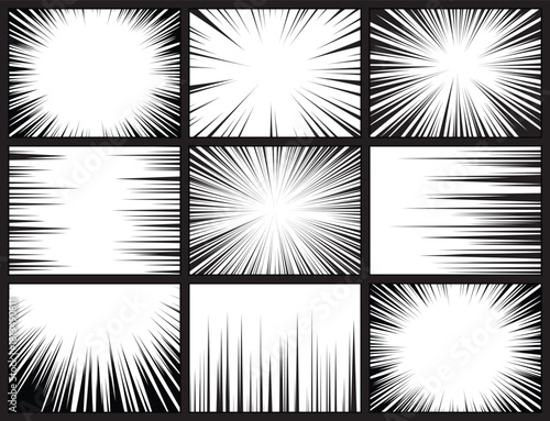 Versatile collection of black line art effects, depicting different types of speed, shock, and surprise visuals commonly found in comics and animation