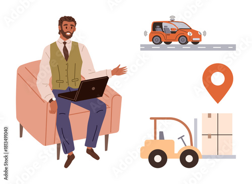 Businessman using laptop seated on chair, autonomous vehicle on road, forklift with cargo, location pin. Ideal for logistics, supply chain, delivery, autonomous tech, business planning transport