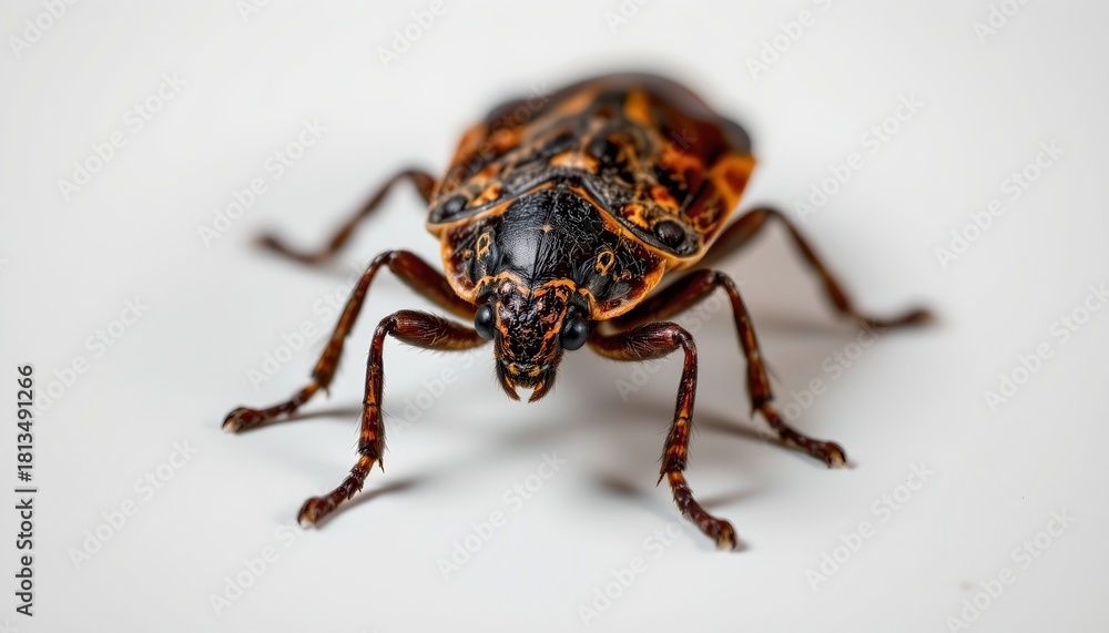 Naklejka premium A single red and black beetle with spotted wings resting in profile against a neutral background.