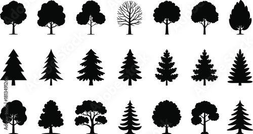 Assortment of black silhouette trees with rounded and conical shapes on white Keywords: tree, trees, silhouette, black, nature