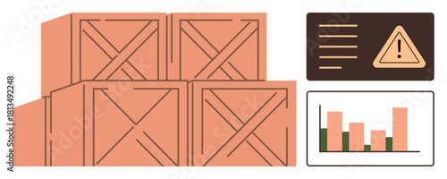Stacked wooden crates alongside a warning alert panel and data bar graph with growth indication. Ideal for logistics, inventory, supply chain, risk, management, data tracking, or process