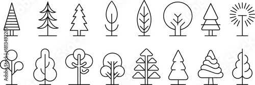 Collection of stylized line art trees and plants in various shapes and sizes Keywords: tree, trees, plant, plants, nature, leaf