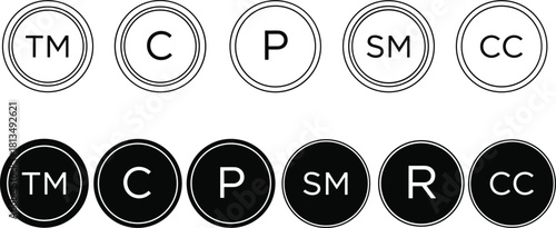 Collection of Trademark Copyright and Patent Symbols in Circles vector illustration