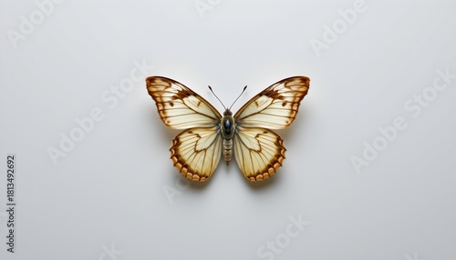 A vividly colored butterfly against a contrasting white background.