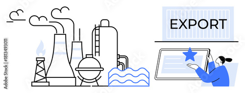Factory with smokestacks and water tanks alongside export container and person using tablet. Ideal for manufacturing, trade, logistics, technology, economy, globalization, business processes. Simple