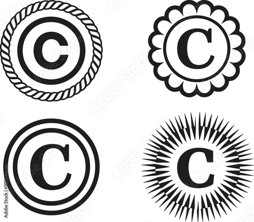 Four different copyright C symbols in black on a white background logo intellectual property