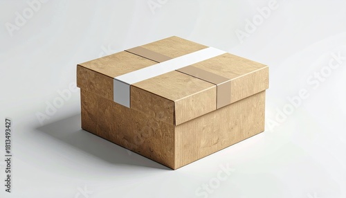 Cardboard box sealed with tape on white background, studio shot showcasing product packaging.