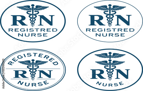 Four Registered Nurse RN Caduceus Symbol Logos In Blue On White Background nursing medical