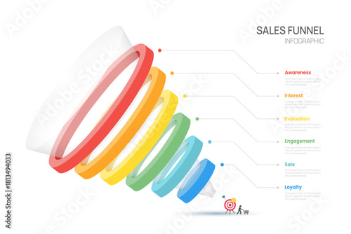Sales  funnel infographic template with 6 steps tunnel for startup business marketing vector.