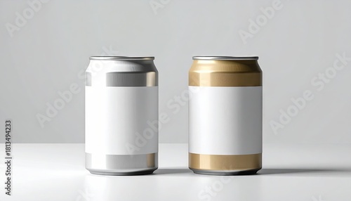 Two metallic drink containers with blank labels, standing side-by-side on white surface.