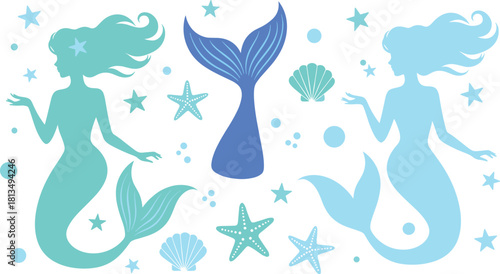 Mermaid fantasy illustration set, magical underwater scene with sea elements, graceful ocean characters, dreamy decor, flat vector illustration