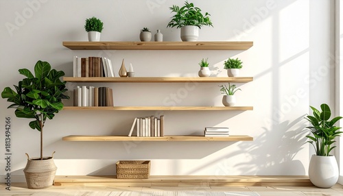 Wallpaper Mural 自然光が差し込むミニマルな本棚と観葉植物 / Minimalist bookshelf and potted plant in natural light
 Torontodigital.ca