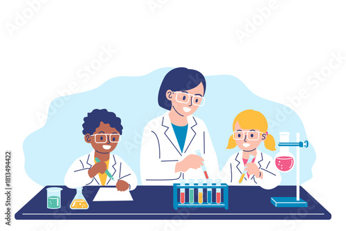 Teacher helping diverse children perform science experiment in laboratory