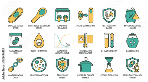 Food safety icons for bacteria and contamination risks, showing hazards like toxin formation and temperature abuse, ideal for educational materials and food industry use