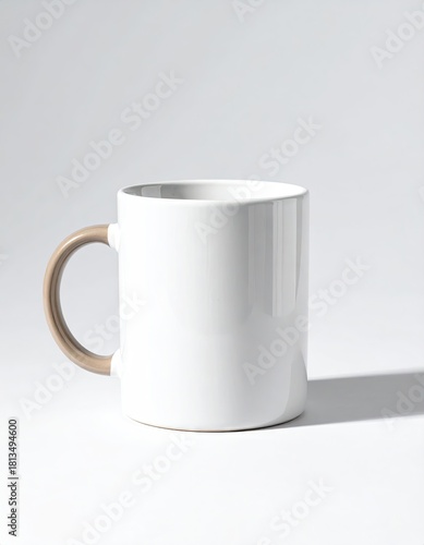 Single coffee mug, in white with brown handle, stands alone, isolated on a light, plain background